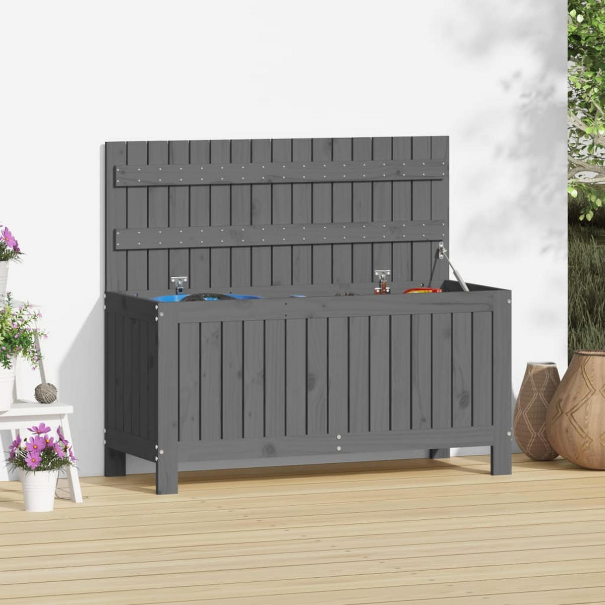 GARTENTRUHE Grau 108x42,5x54 cm Massivholz Kiefer - Grau, Holz (108/54/42.5cm) - furnicato