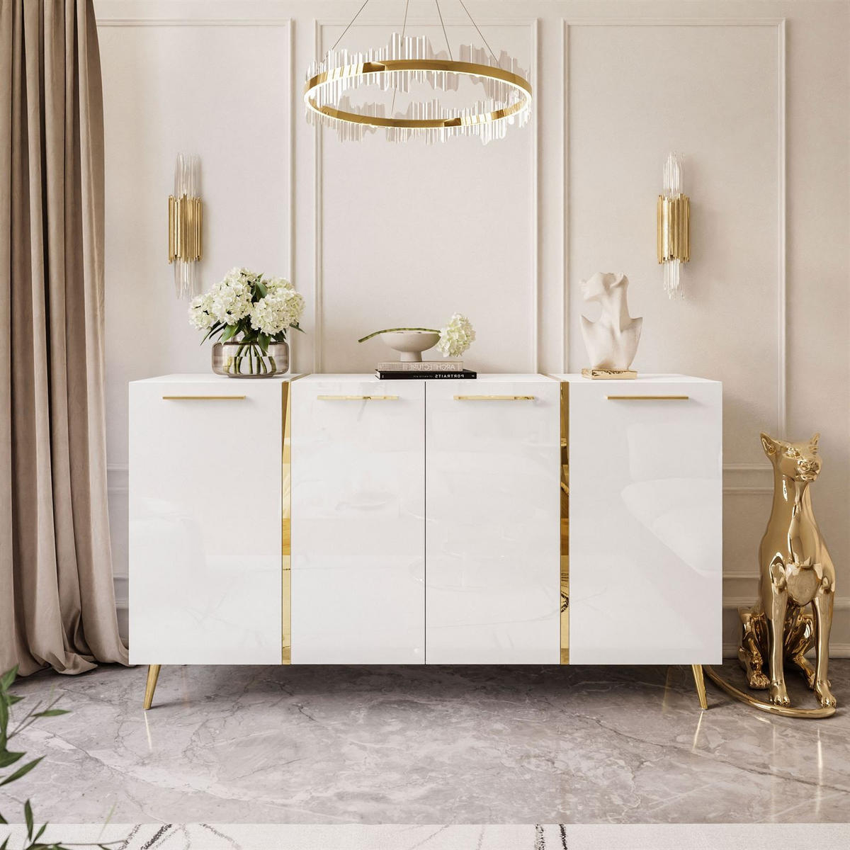 KOMMODE ONYX 4T 158 CM AUF GOLDENEN BEINEN - Weiß, Holzwerkstoff (158/88/41cm) - Lookway