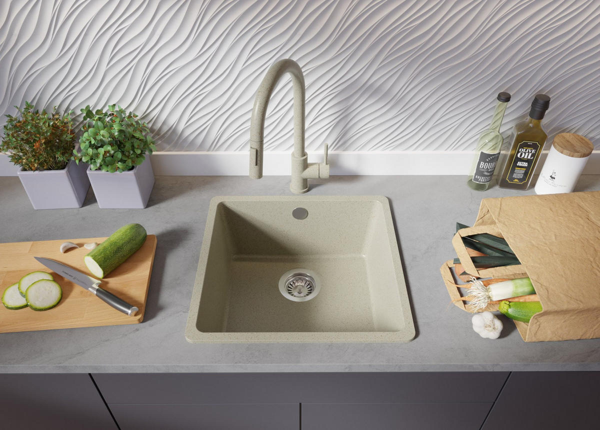 SPÜLBECKEN Venedig Slim Easy, 2-er set Beige 46/44 cm 1 Becken + Ablauf-Set ab 50er Unterschrank - Chromfarben/Beige, Kunststoff (46/20/44cm) - Primagran