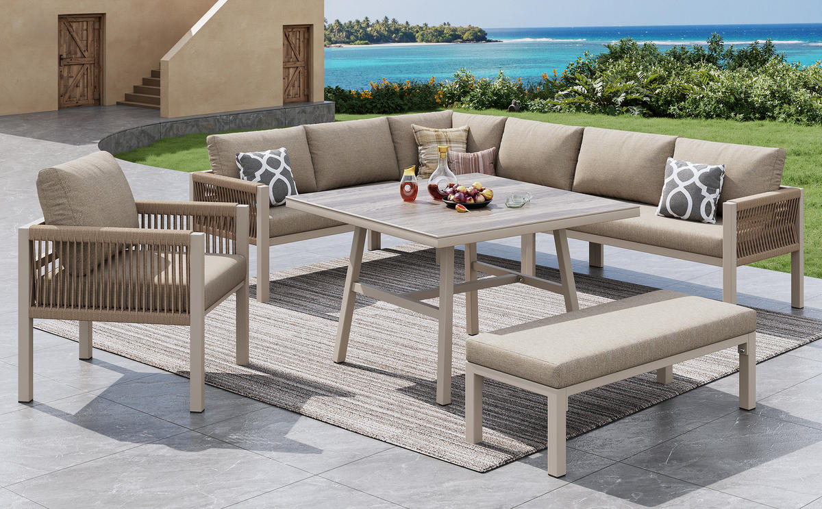 GARTEN-LOUNGE-SET mit verzinktem Stahlrahmen & Glasplatte, für bis zu 8 Personen, 118/61/80 cm, Beige - Beige, Metall - Redom