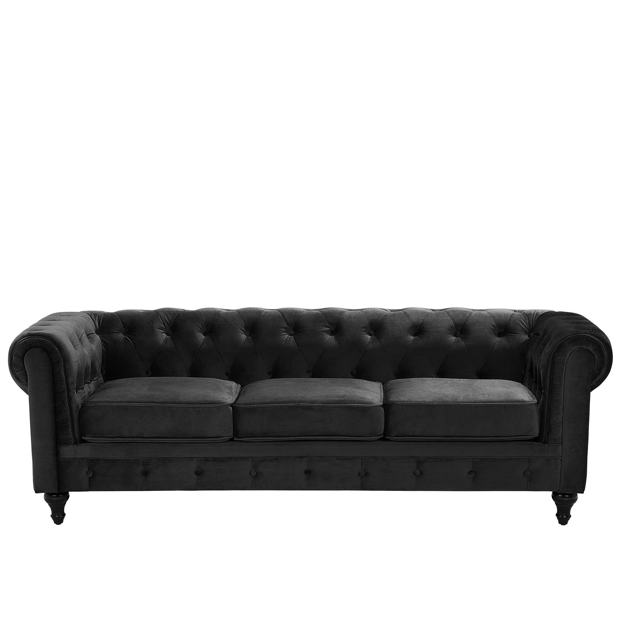 3-SITZER-SOFA Samtstoff Schwarz Chesterfield - Schwarz, Textil (201/70/75cm) - Beliani