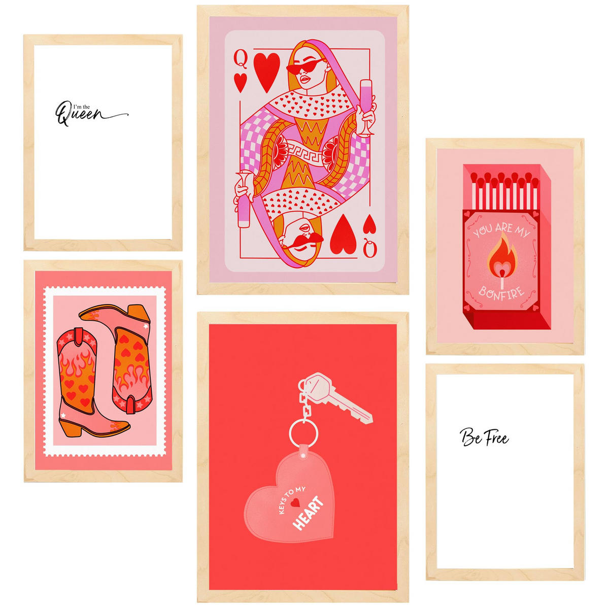 POSTER Set Mit 6 Moderne KunstIn Rosa A3 & A4 Rahmen Aus Hellem Holz - Beige, Papier (29/3cm) - Nacnic
