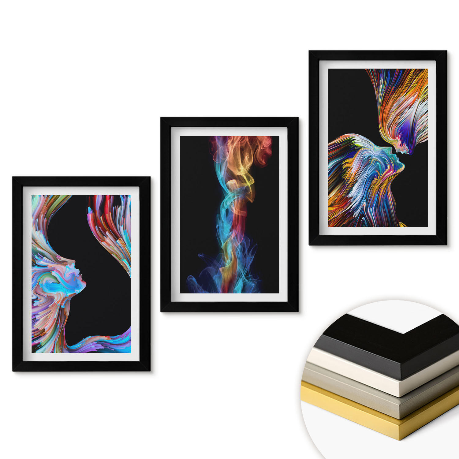 WANDBILDER 3er-Set - 20x30 cm Schwarzer Rahmen - Bunte abstrakte Gesichter - Schwarz, Kunststoff (20/30cm) - ArtPrintCave