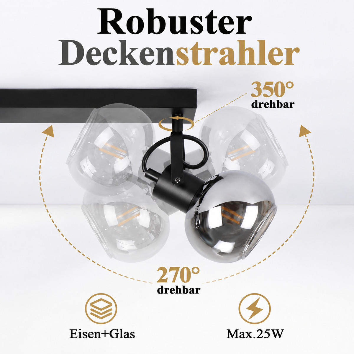 DECKENSTRAHLER Krelvan 57.5/11/17 cm - Schwarz, Glas/Metall (57.5/11/17cm) - ZMH