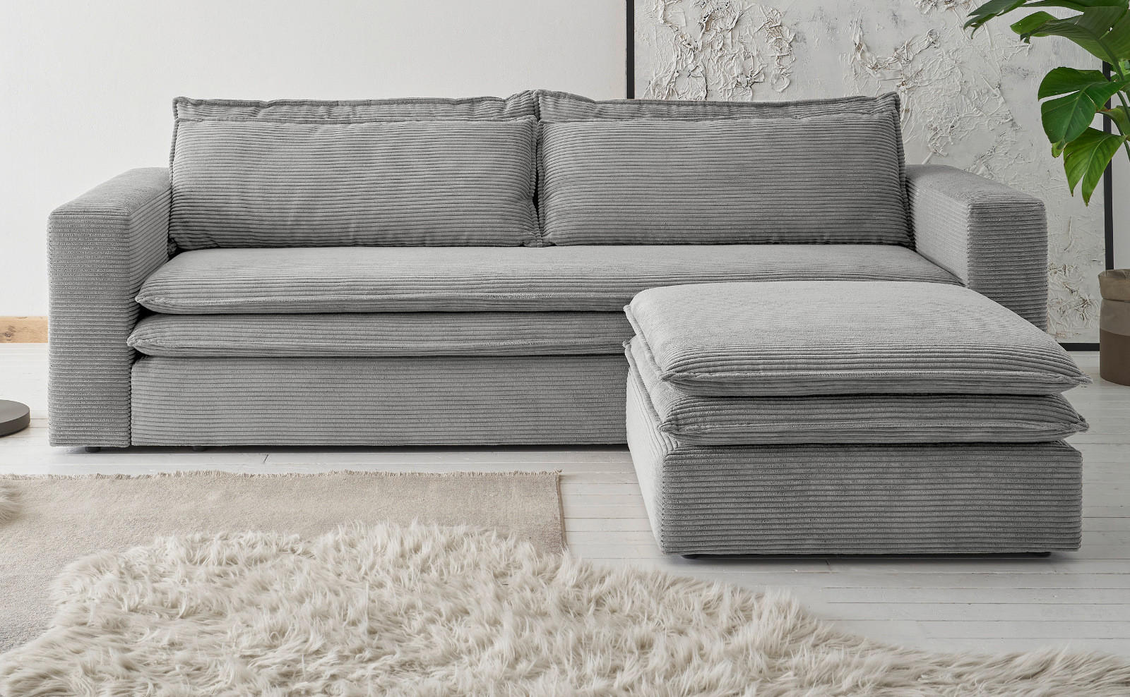 SOFA-SET hellgrau Cord, Couch 3-Sitzer mit Bettfunktion inklusive Hocker - Beige/Hellgrau, Holz/Textil (244/83/176cm) - Furn.Design