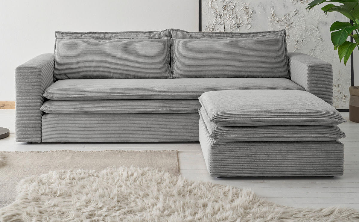 SOFA-SET hellgrau Cord, Couch 3-Sitzer mit Bettfunktion inklusive Hocker - Beige/Hellgrau, Holz/Textil (244/83/176cm) - Furn.Design