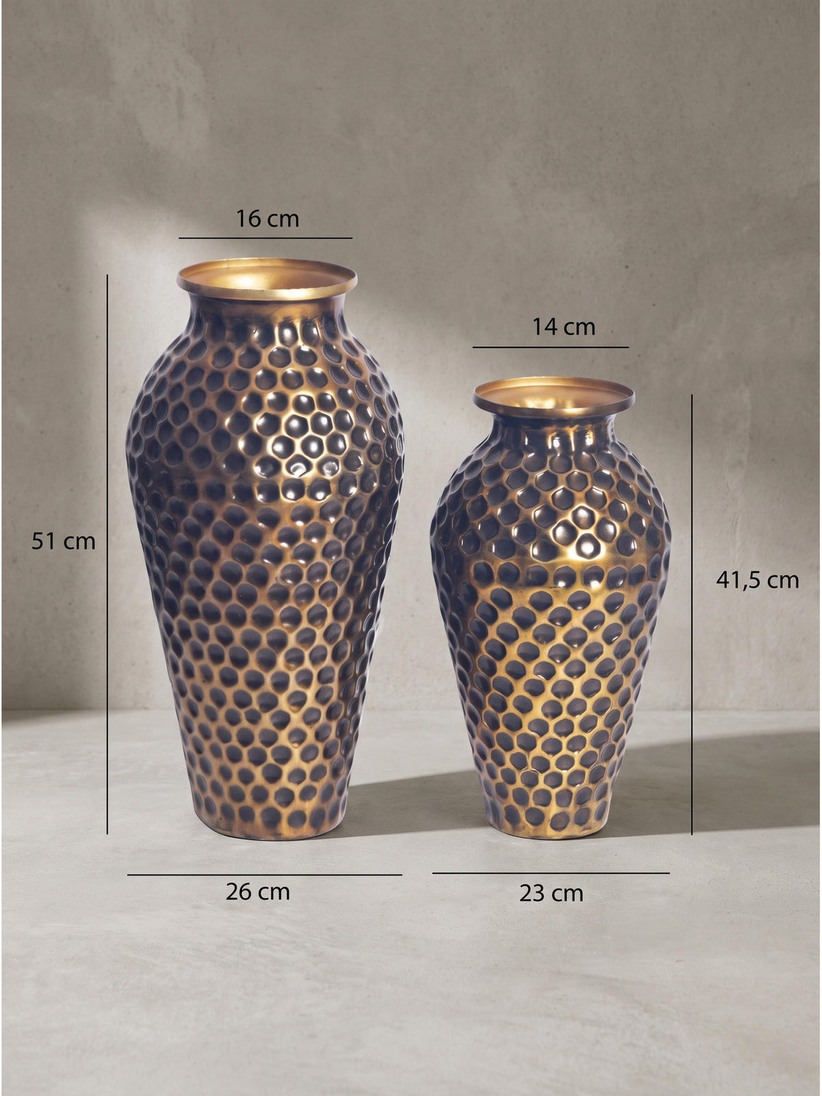 VASEN 2er-Set MANTOVA, Aluminium, handgefertigt, Gold, Ø 26 x 51 cm - Goldfarben, Metall (51cm) - KADIMA DESIGN