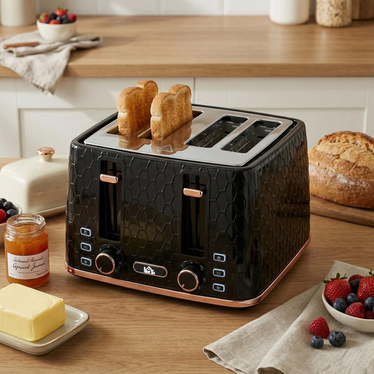 TOASTER DE-07946 4-Scheiben, 7 Bräunungsstufen, Wabenstruktur Schwarz - Schwarz, Kunststoff (27.6/18.9/29.3cm) - ComfortXL