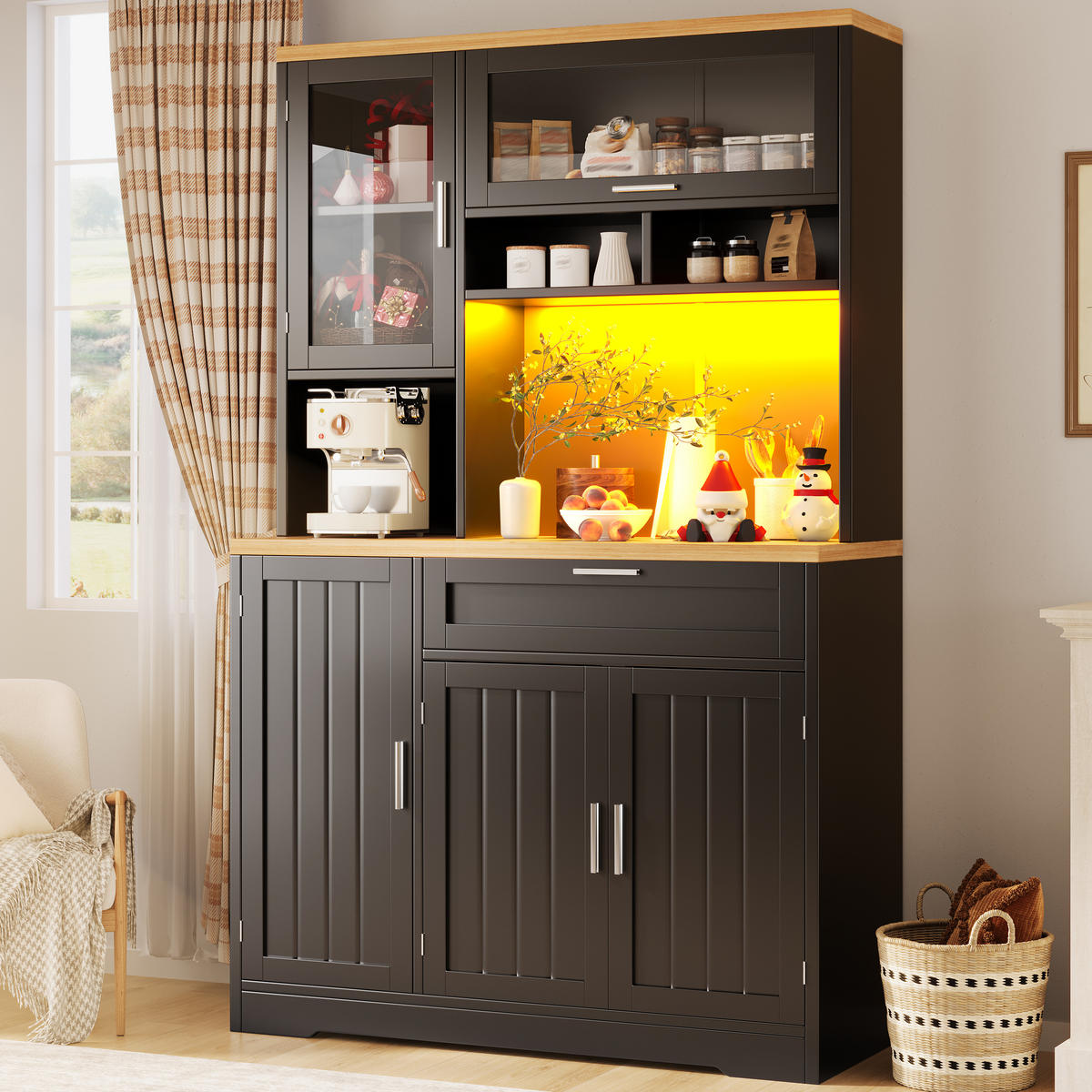 KÜCHENSCHRANK LED 104x40x180Cm Vitrine Weiß Schwarz - Schwarz, Metall (104/180/40cm) - FLIEKS
