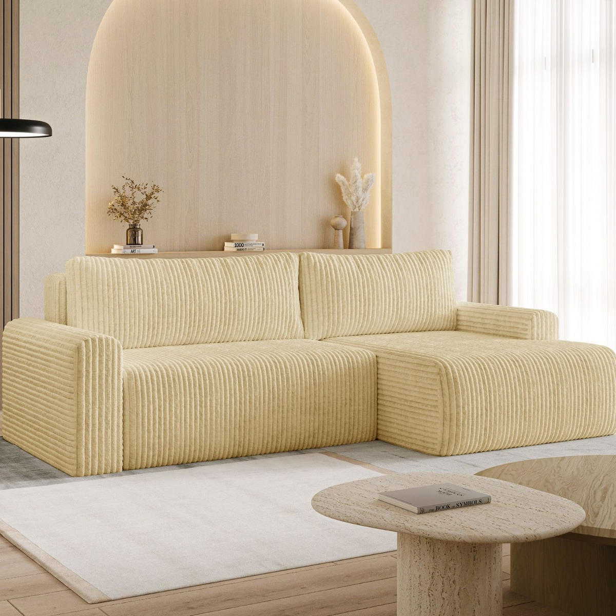 ECKSOFA MILO LARGE mit Schlaffunktion, Bettkasten und Cordbezug, Rechts - TILIA 08 (hellbeige) - Cognac, Holz (270/142cm) - Dekori_Interiors