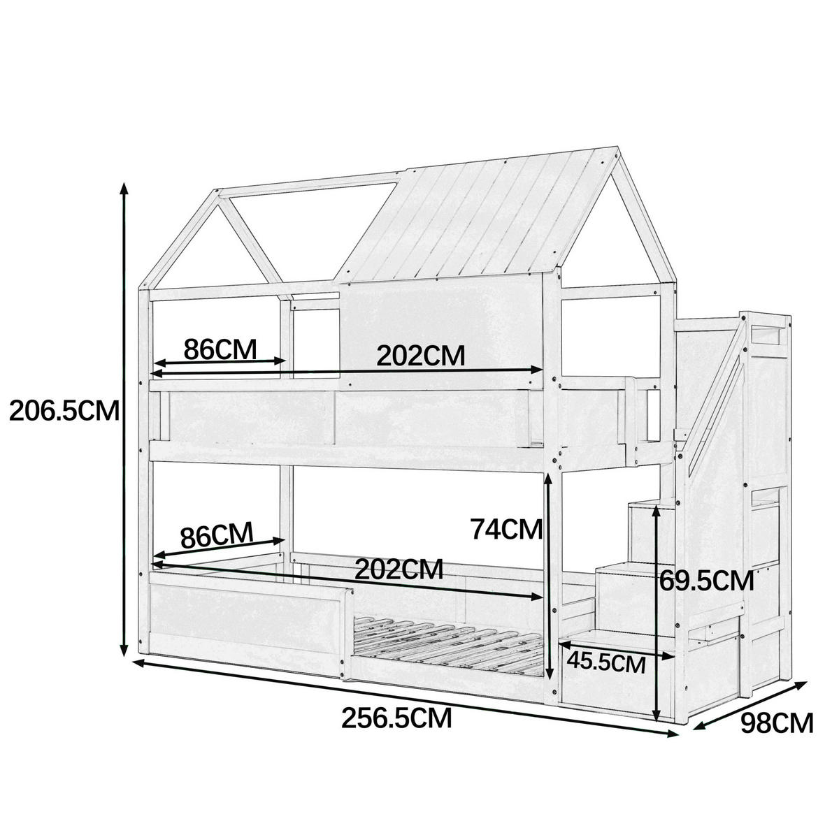 ETAGENBETT 80x200 cm in Weiß mit Dachdesign, Treppe und Sicherheitsgeländern - Weiß, Holz (80/200cm) - IVMEU