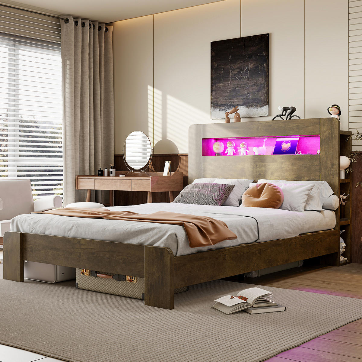 MULTIFUNKTIONSBETT 140x200 cm in Vintage-Holzoptik mit LED-Beleuchtung und Steckdosen - Naturfarben, Holz (140/200cm) - IVMEU