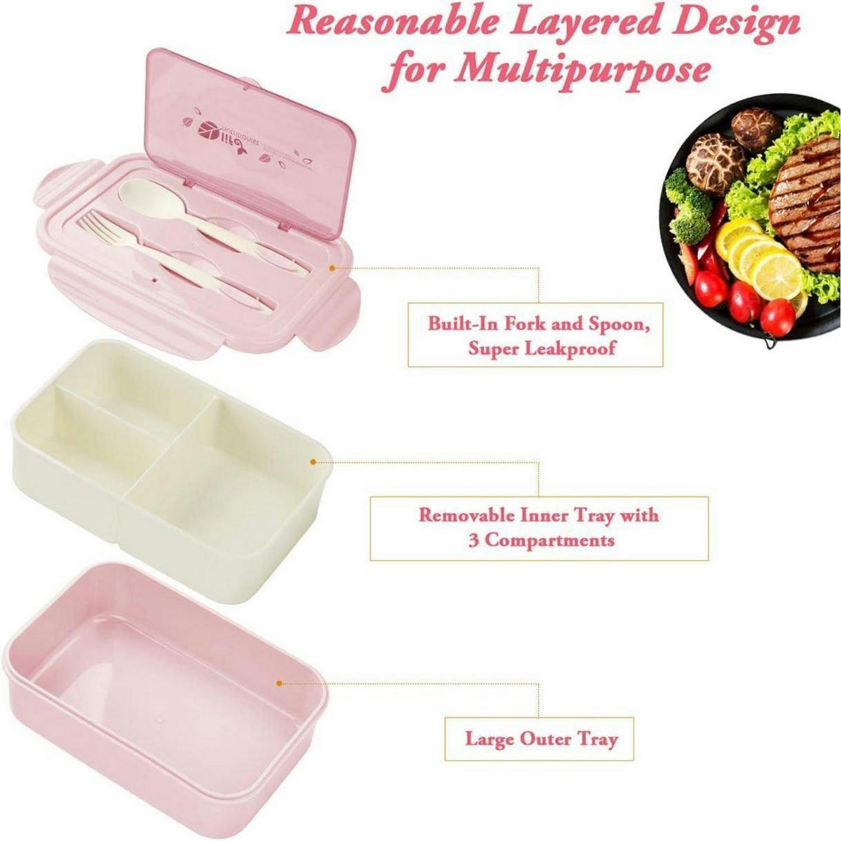BENTO Box mit 3 Fächern und Besteck, Auslaufsicher, Mikrowellengeeignet, Pink - Rosa, Kunststoff (14/6.5/21cm)