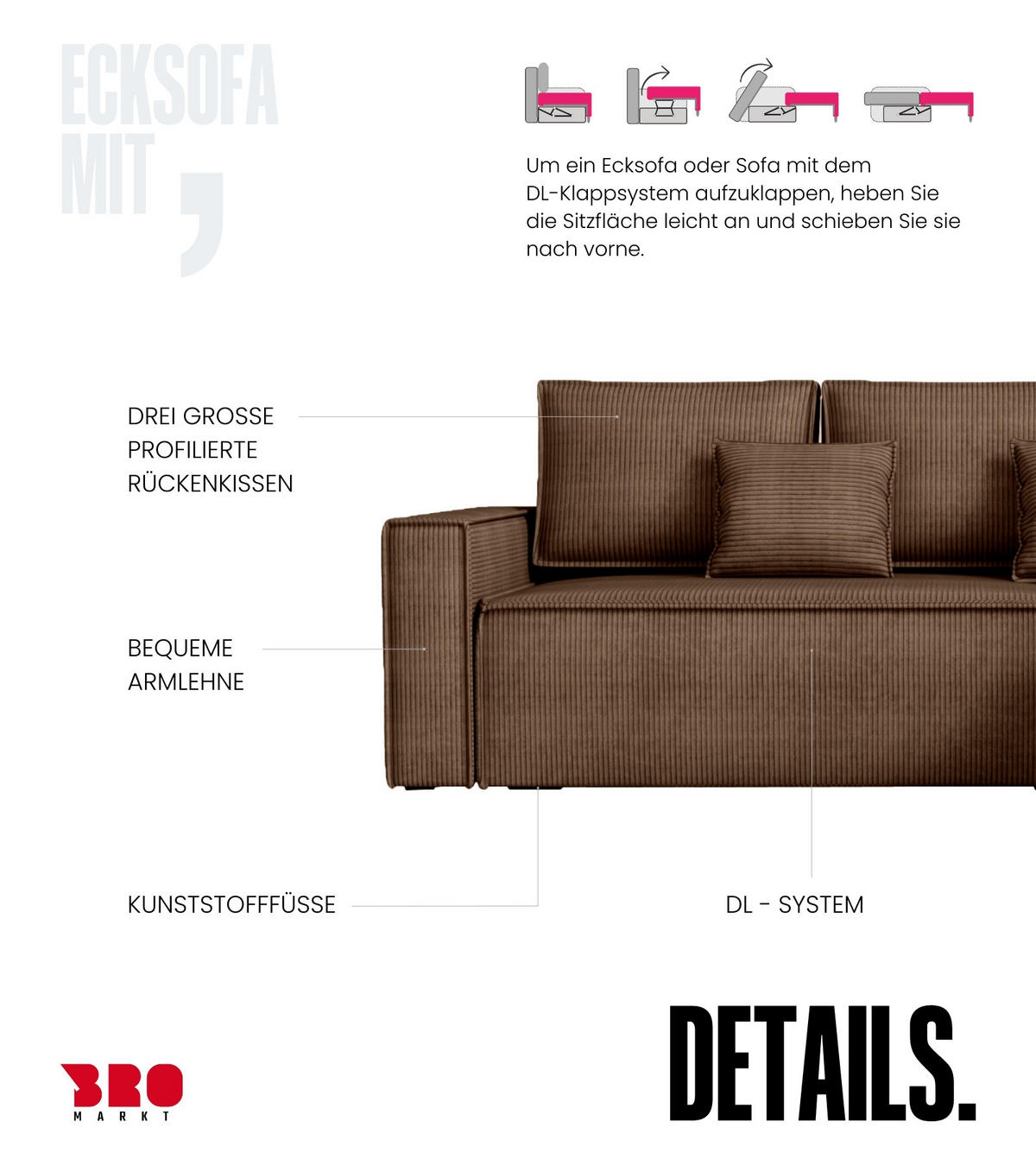 ECKSOFA Dexter mit Schlaffunktion Braun Cord - Braun, Textil (238/141cm) - Bromarkt