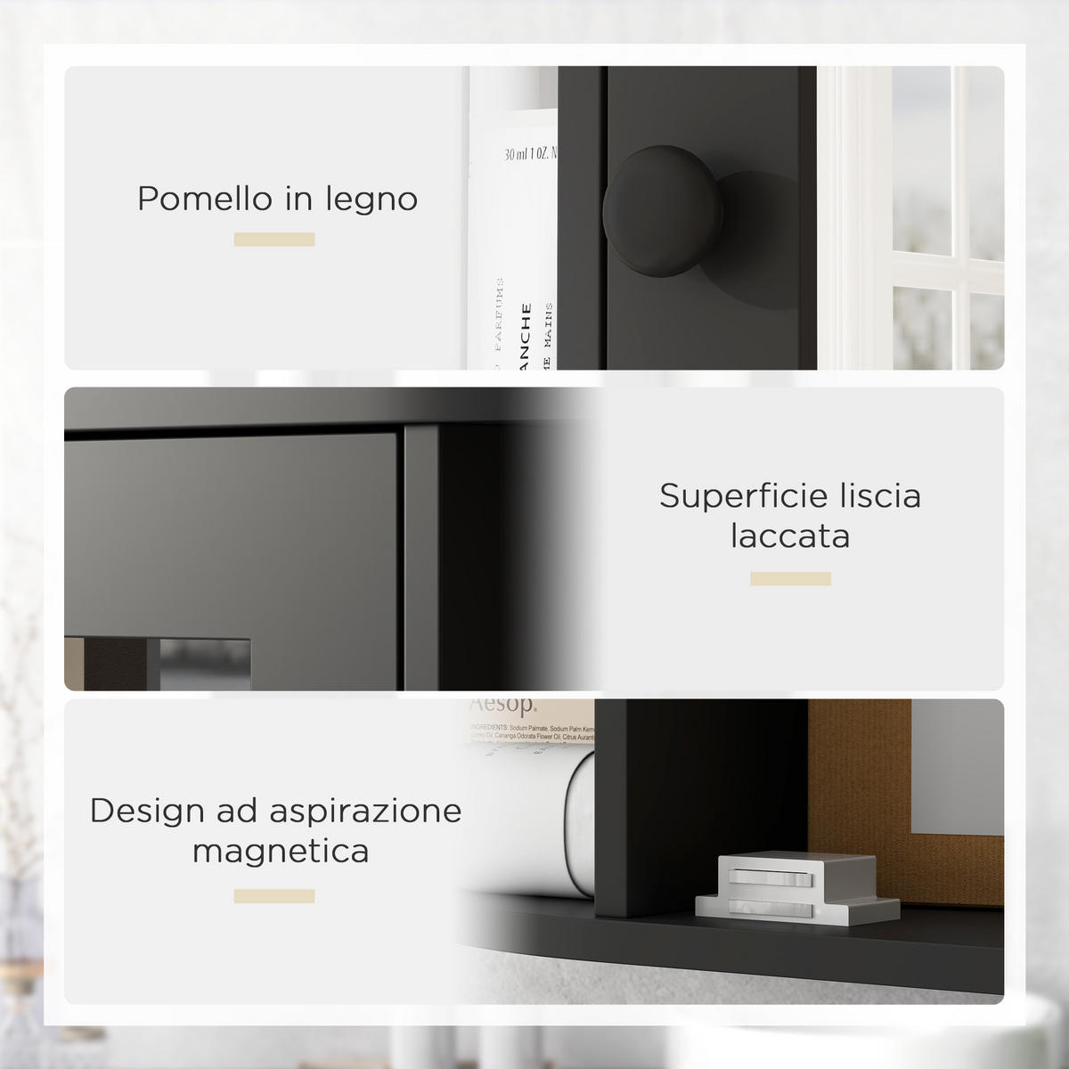 SPIEGELSCHRANK Spiegelschrank mit 6 offenen und 2 geschlossenen Ablagen,66 x 17 x 63 cm ,Schwarz - Schwarz, Glas (66/63/17cm) - Vallsero