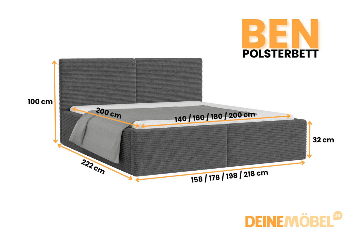 POLSTERBETT BEN 140/200 in Cord Anthrazit - Grau, Holz/Holzwerkstoff (140/200cm) - Deine Möbel 24