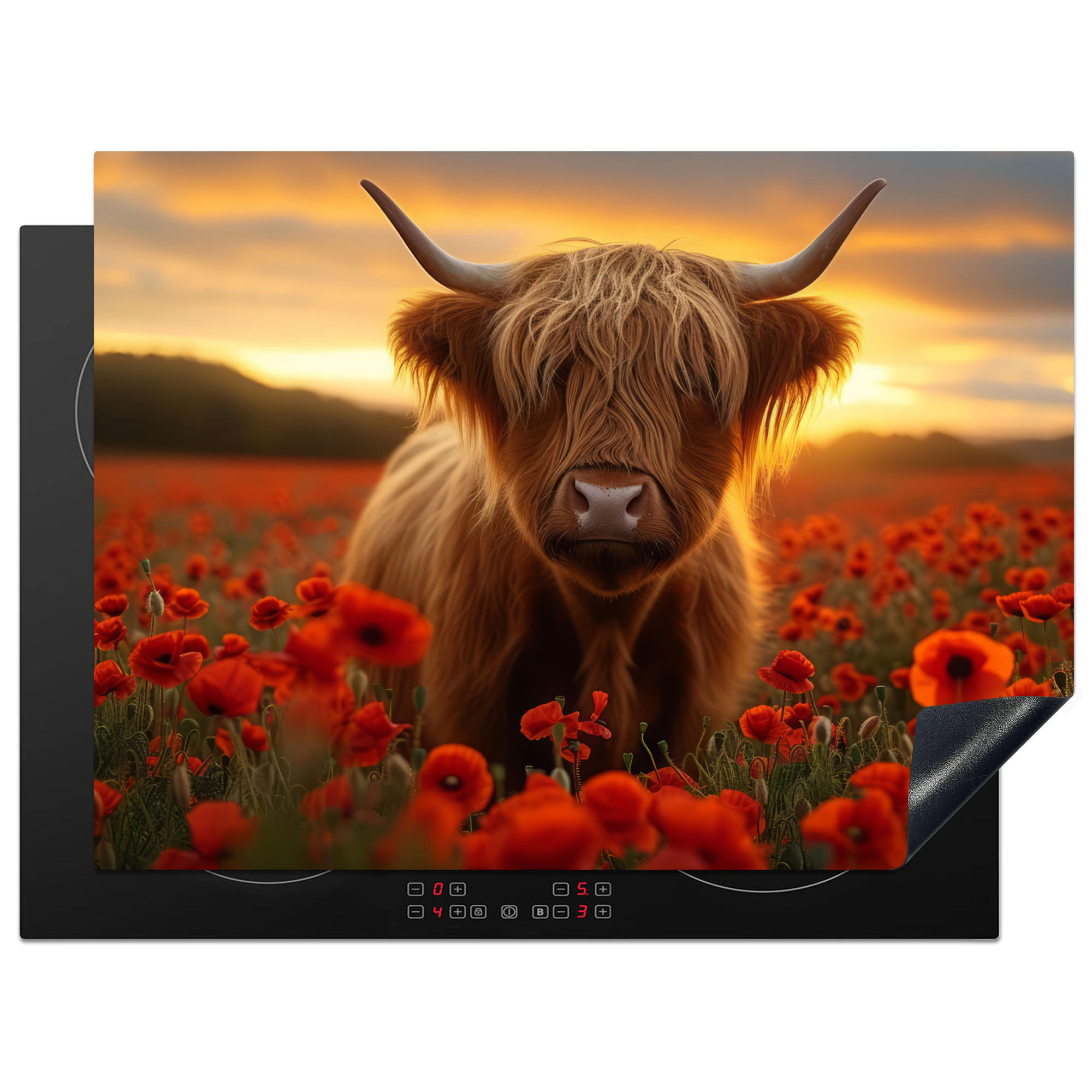 HERDABDECKPLATTE Schottische Highlander - Rosen - Blumenfeld - Sonnenuntergang Herdabdeckung Induktionsfeld 70x52 cm - Rotbraun, Kunststoff (70/52/0.2cm) - MuchoWow