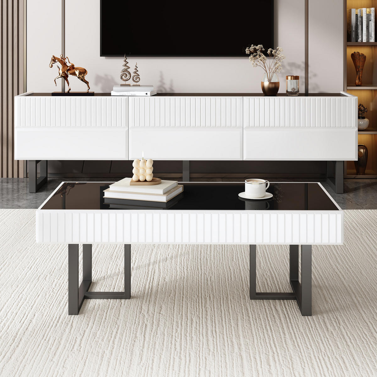 LOWBOARD DE-40134 und Couchtisch mit Streifenfront Schwarz/Weiß - Schwarz/Weiß, Holzwerkstoff (170/47/35cm) - ComfortXL
