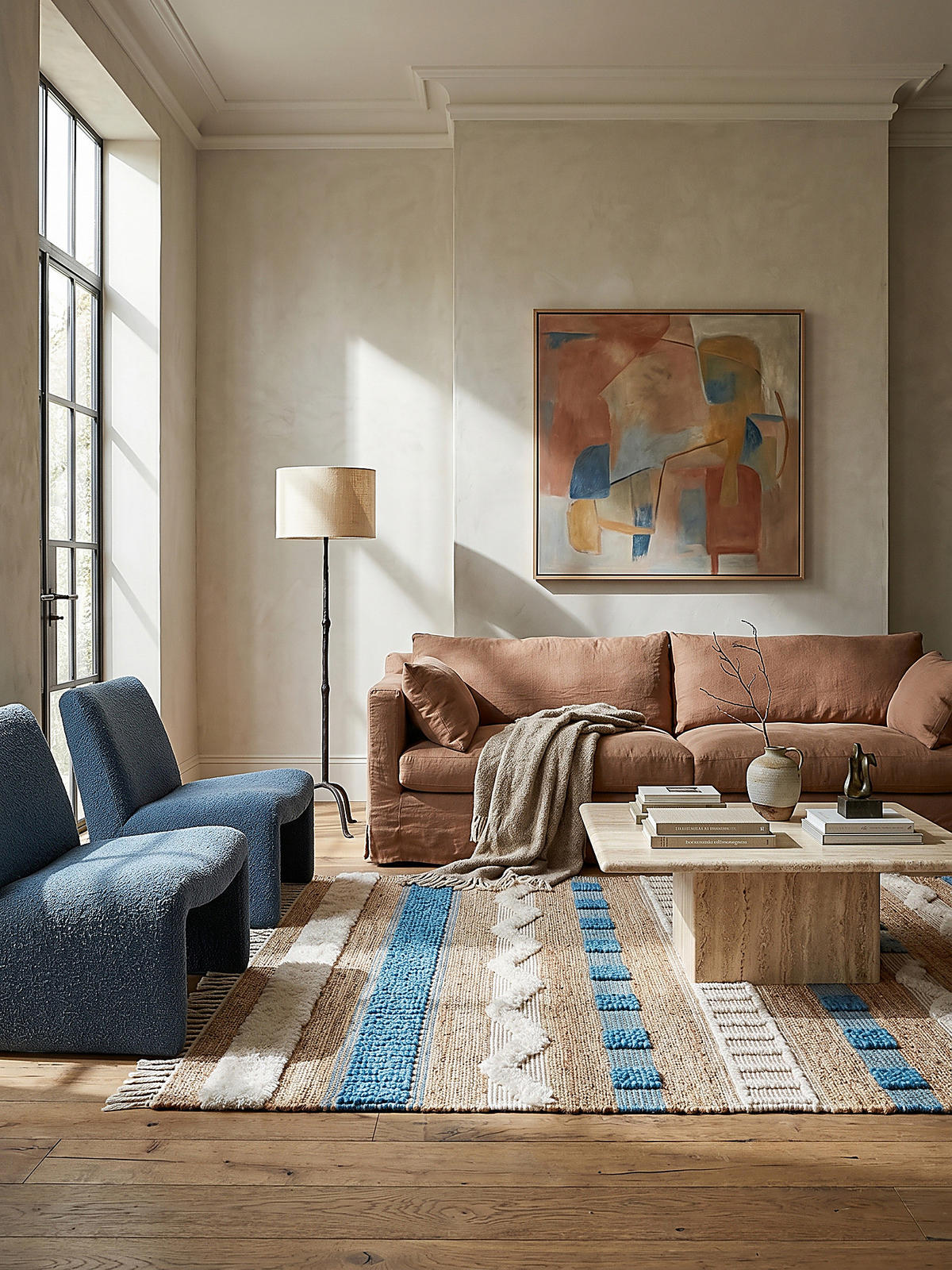 TEPPICH Hoch-Tief Struktur Gestreift, Ethno-Stil, mit Fransen wendbar, Esszimmer Natur-Blau Rechteckig 120x170 - Blau, Textil (170/120cm) - KADIMA DESIGN