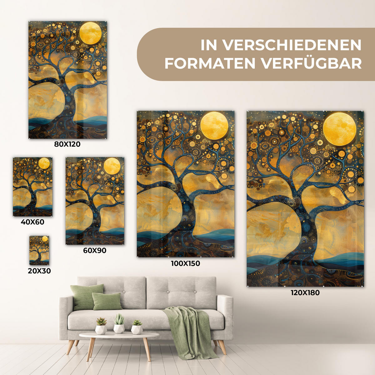 ACRYLGLASBILD Baum - Mond - Blumen - Gold - Kunst 40x60 cm - Orange, Glas (40/60cm) - MuchoWow