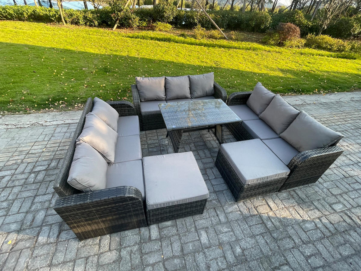 GARTENMÖBELSET mit ESSTISCH,SOFA Polyrattan 11-Sitzer - Dunkelgrau/Grau, Glas/Kunststoff - Fimous
