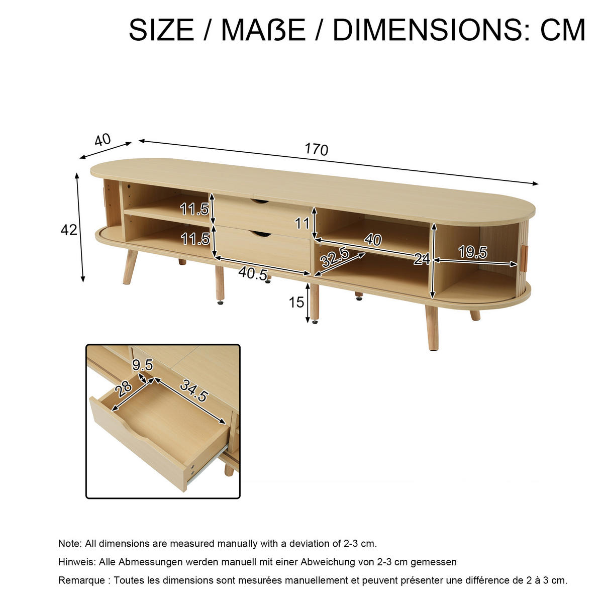 LOWBOARD mit Stauraum zwei Schubladen und Holzmaserung MDF 170/40/42 cm - Eichefarben/Naturfarben, Holz/Holzwerkstoff (170/42/40cm) - EVRYAE