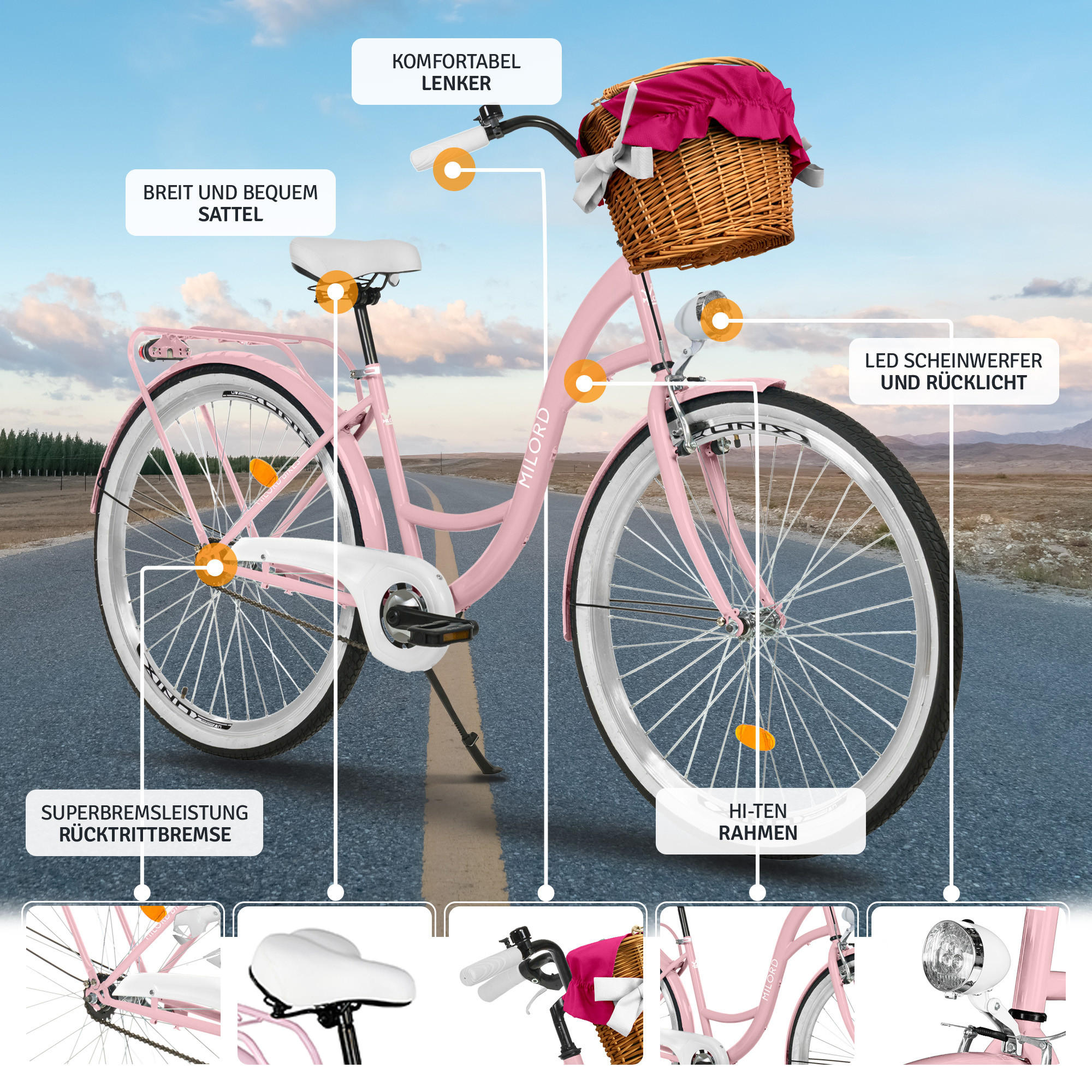 CITY-FAHRRAD Milord mit Weidenkorb, 26 Zoll, Rosa, 1-Gang - Pink, Metall (46cm) - Milordbikes