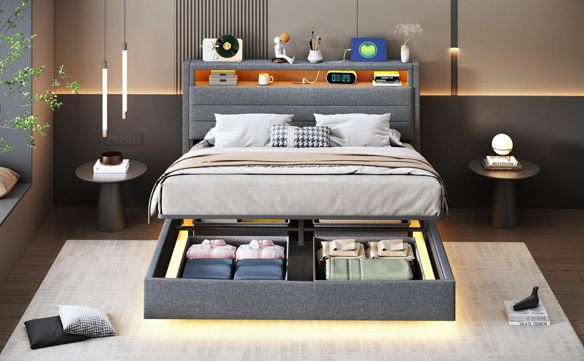 POLSTERBETT 140x200 cm LED USB Stauraum grau - Grau, Textil (140/200cm) - LEBENLANG