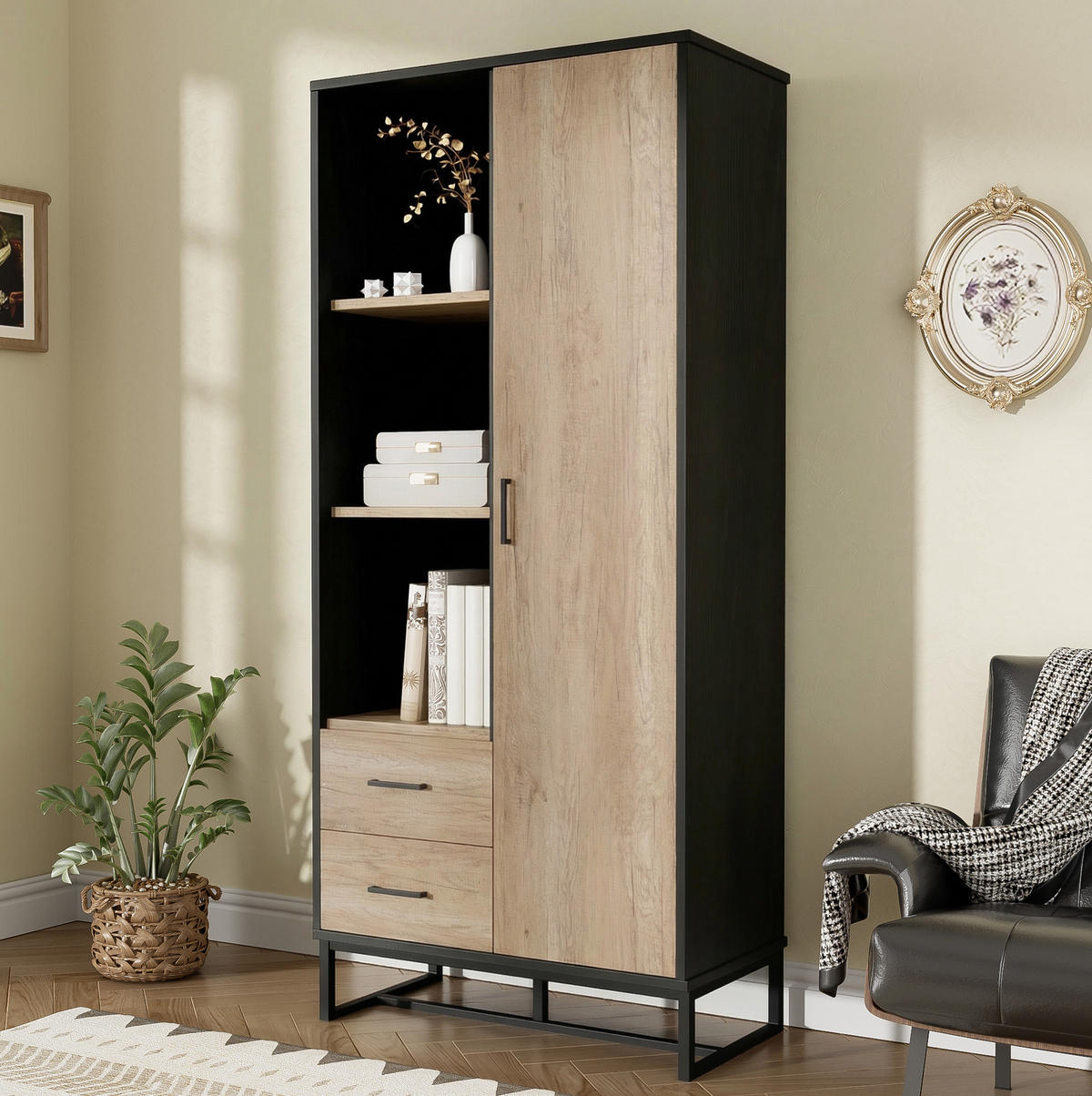 HIGHBOARD 80/40/180 cm mit 1 Tür, 2 Schubladen und 3 offenen Fächern, MDF in Holzfarbe/Schwarz - Schwarz, Holzwerkstoff (80/180/40cm) - Redom