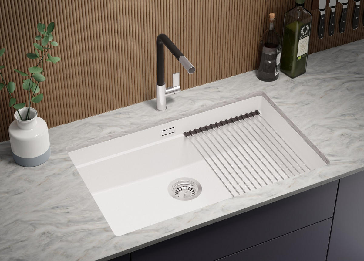 UNTERBAUSPÜLE GRANIT Praga, 2-er set Weiß 76/47 cm 1 Becken + Ablauf-Set + Aufrollbare Abtropffläche ab 80er Unterschrank - Chromfarben/Weiß, Kunststoff (76/20/47cm) - Primagran