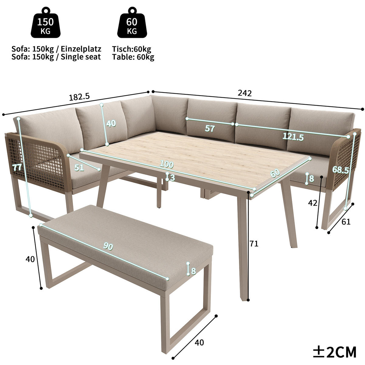 GARTENMÖBELSET für 6-8 Personen mit Sitzkissen & Rückenkisse in Beige - Beige, Metall
