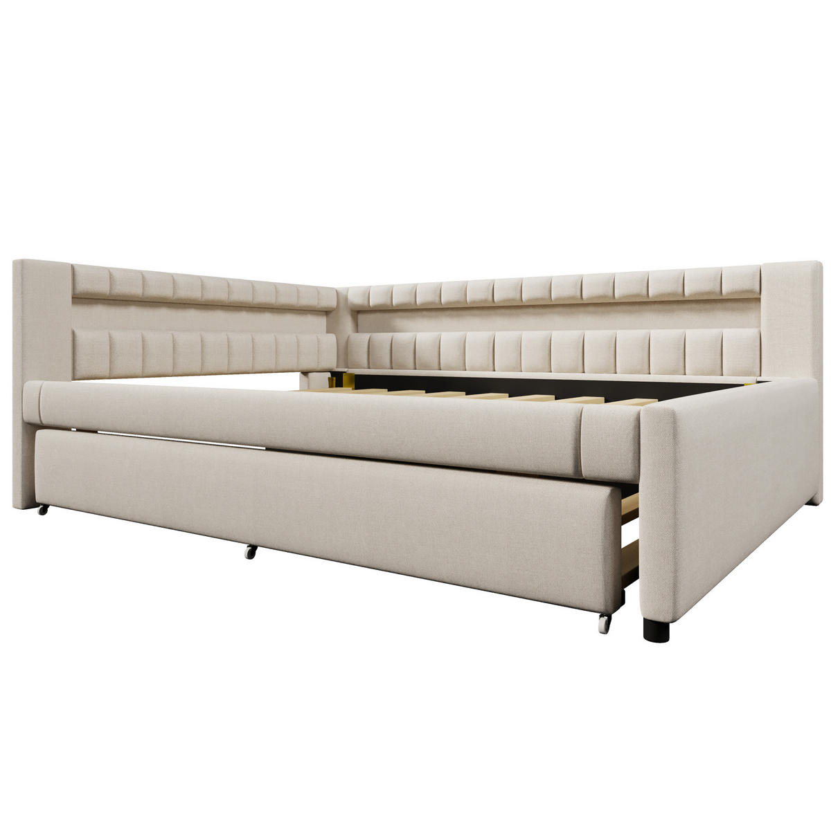 POLSTERBETT aus Leinen und MDF 140x200 cm in Beige mit LED & Ausziehbett - Beige, Textil (140/200cm) - Modfu