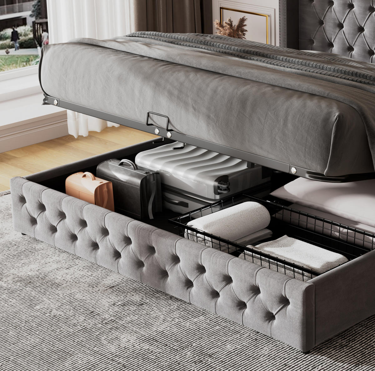 ČALÚNENÁ posteľ zo zamatu 180x200 cm sivá s hydraulickým úložným priestorom, Chesterfield štýl a vysoké čelo - sivá, textil (180/200cm) - Modfu