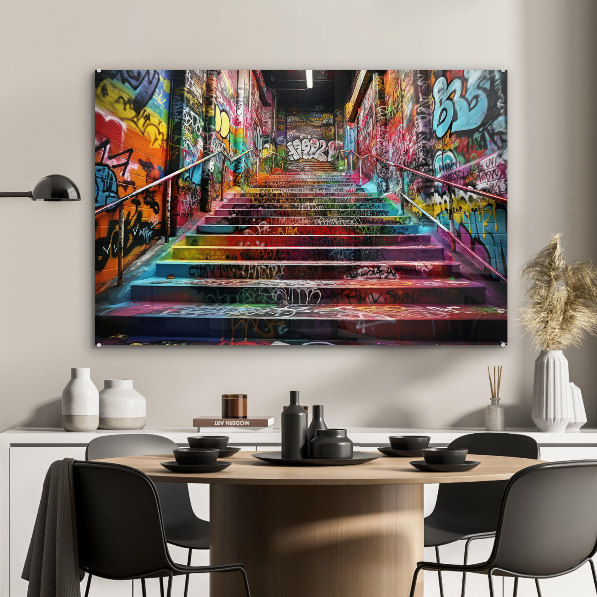ACRYLGLASBILD Treppe - Graffiti - Farben - Kunst 120x80 cm - Multicolor, Glas (120/80cm) - MuchoWow