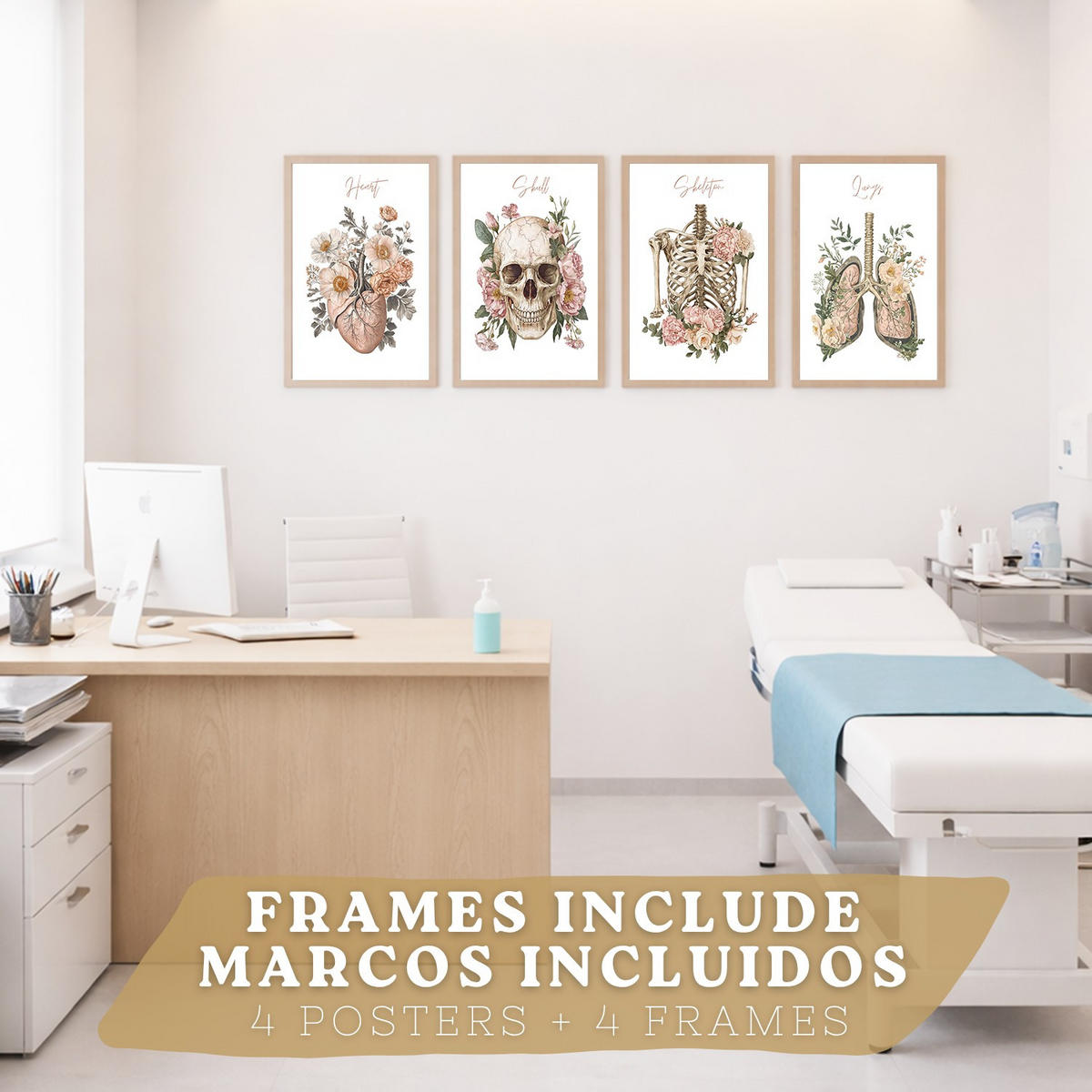 POSTER Set aus 4 Anatomie Mensch Florale Drucke und Wandbilder mit Herz Lungen Skelett und Schädel Stil Wanddekoration Größe Leichter Holzrahmen A4 - Beige, Papier (21/29.7/3cm) - Nacnic