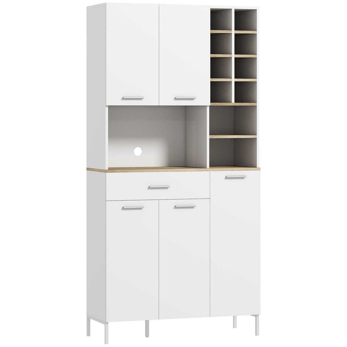 KÜCHENSCHRANK mit offenen Regalen, Fächern, Weinregal, 5 Schranktüren, MDF, Weiß - Silberfarben/Weiß, Holzwerkstoff/Metall (35/183/90cm) - HOMCOM