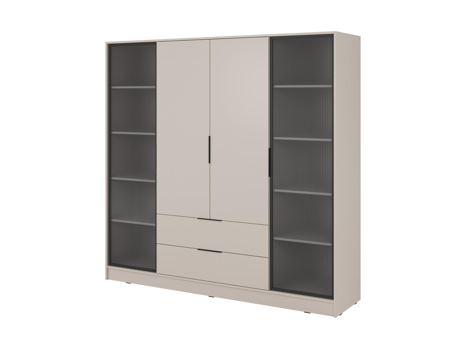 KLEIDERSCHRANK RICADI 4D RD (Kaschmir, Riffelglas, 4 Türen, 2 Schubladen, Kunststoffgriffe) - Kaschmir/Schwarz, Holz/Holzwerkstoff (206/200/51cm) - Ravio