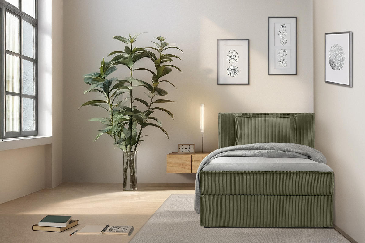 BOXSPRINGBETT ROTI Einzelbett, oliv - Schwarz/Olivgrün, Holz/Holzwerkstoff (100/200cm) - KONSIMO®