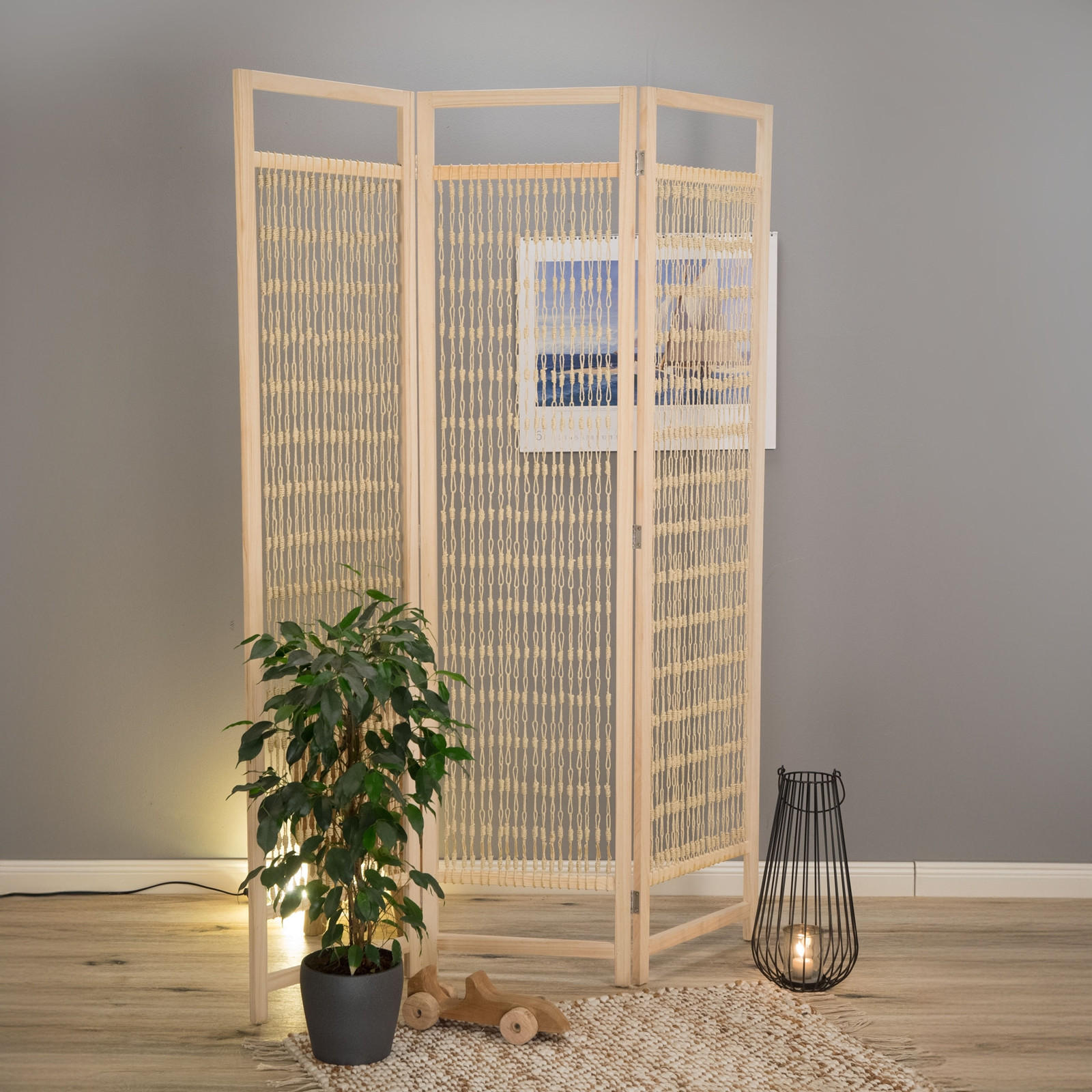 RAUMTEILER Cosmo 3-tlg. 166x121 cm, Holz, festes Garn geknüpft natur - Naturfarben, Holz (121/166/2cm) - CREEDWOOD