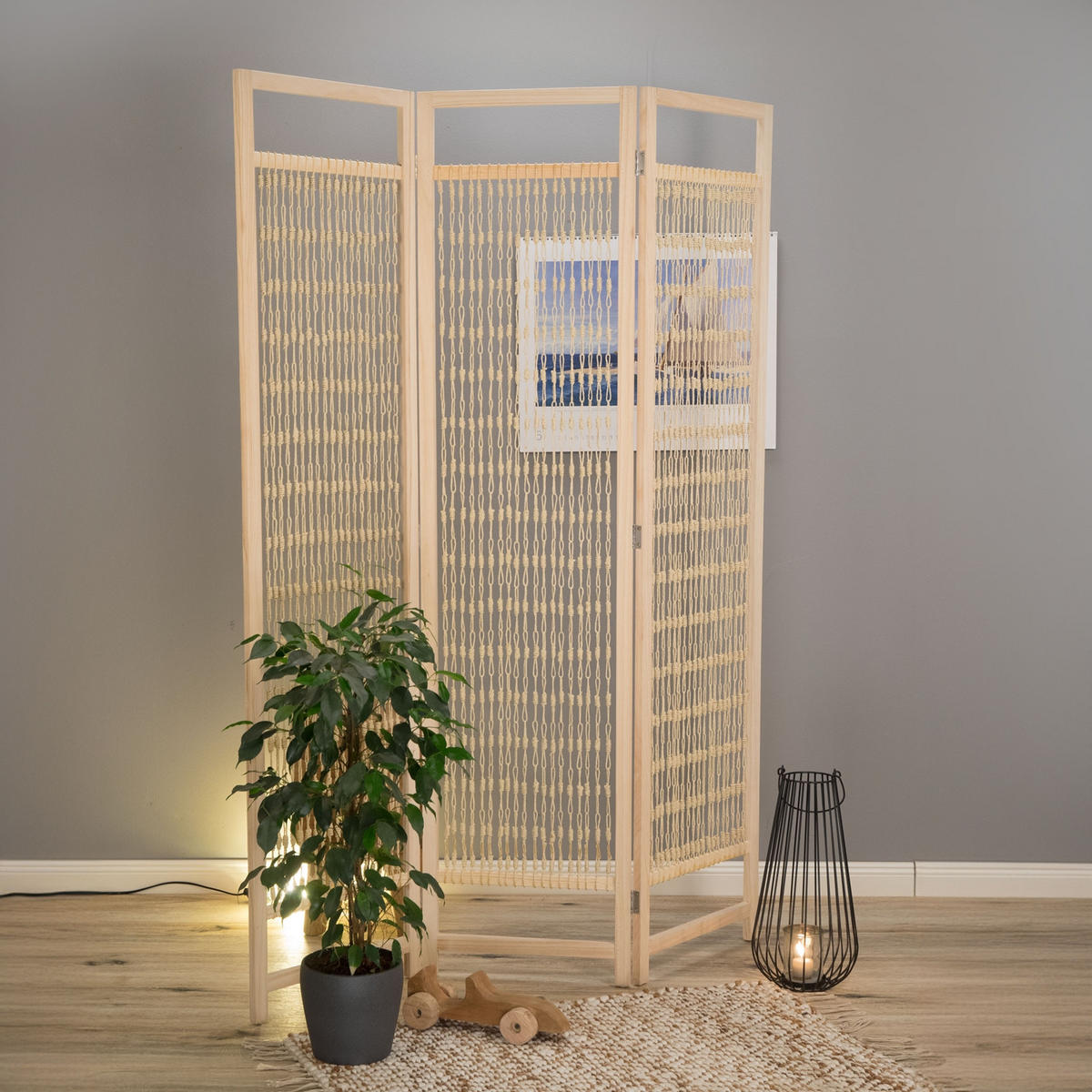 RAUMTEILER Cosmo 3-tlg. 166x121 cm, Holz, festes Garn geknüpft natur - Naturfarben, Holz (121/166/2cm) - CREEDWOOD