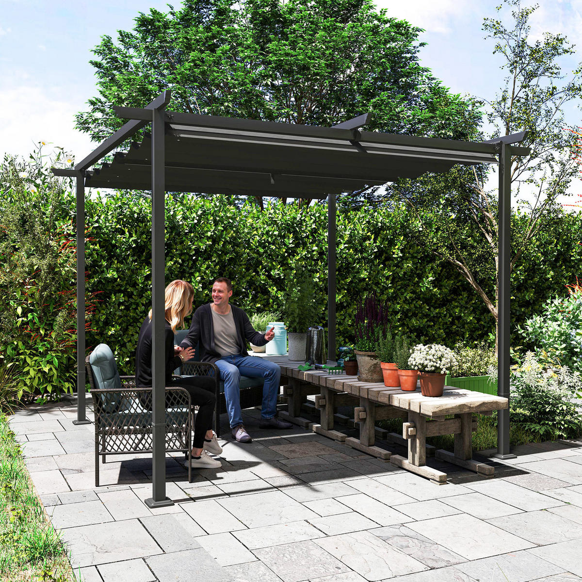 3 x 3 m Garten-Pergola mit verstellbarem Dach, Metallrahmen, UPF30+ Schutz, Sonnendach für Veranda, Terrasse, Dunkelgrau - Dunkelgrau, Metall (300/227/300cm)