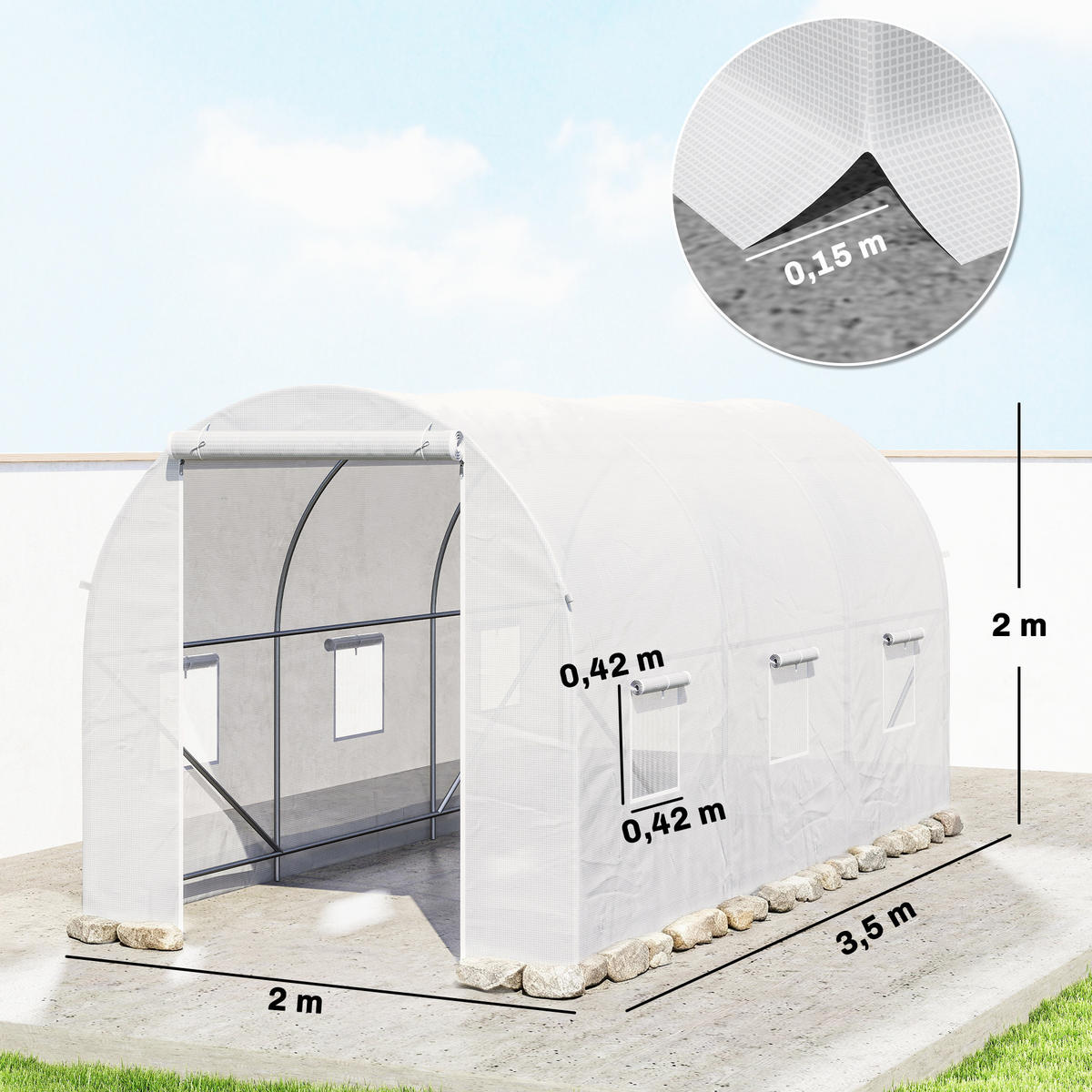 GEWÄCHSHAUS DE-11896 7 m² mit Tür & 6 Fenstern Weiß - Weiß, Kunststoff (200/200/350cm) - ComfortXL