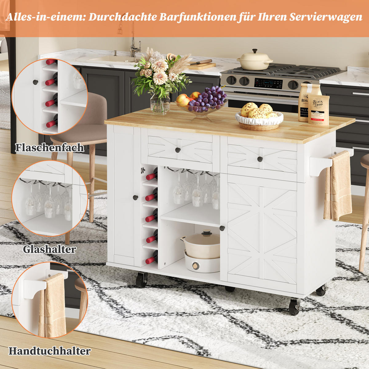 KÜCHENINSEL 120x70x89cm Weiß mit Klappplatte,Schubladen,Weinregal & Rollen - Weiß, Holzwerkstoff (120/89/70cm) - Modfu