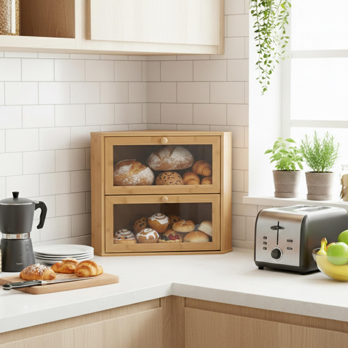 ROHOVÝ chlebník - svetlohnedá, drevo/plast (40/35/27.5cm) - Relaxdays