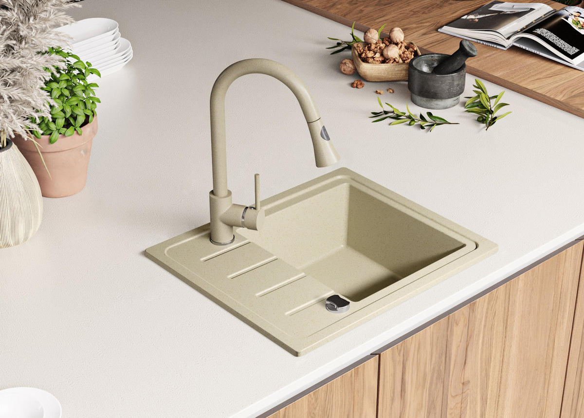 SPÜLBECKEN Kopenhagen Easy, 2-er set Beige 55/44 cm 1 Becken + Ablauf-Set ab 45er Unterschrank - Chromfarben/Beige, Kunststoff (55/17/44cm) - Primagran