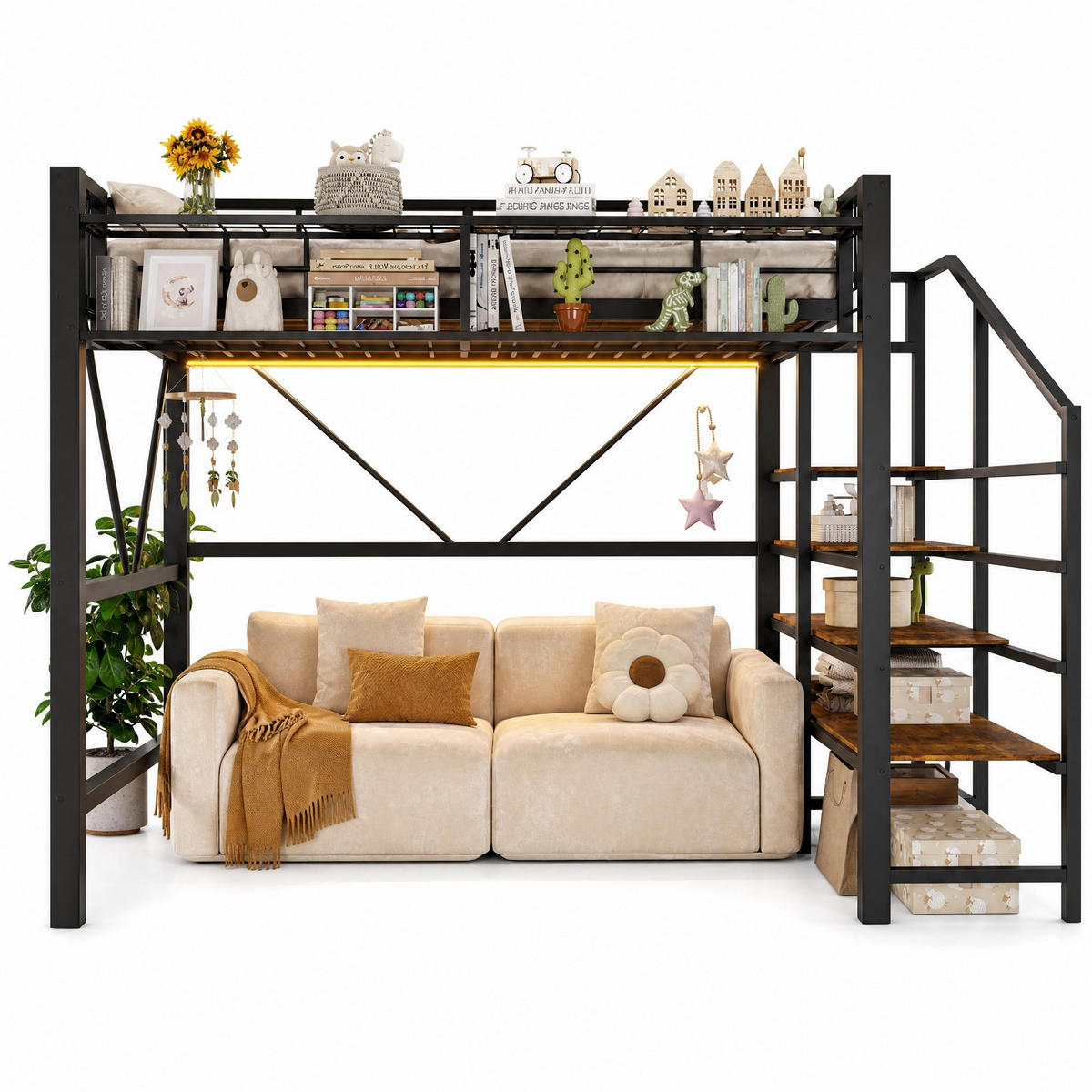 HOCHBETT 140/200 cm in Schwarz mit LED, Ablageregal und Stauraum aus Metall - Schwarz, Holzwerkstoff/Metall (140/200cm) - CHICFURN
