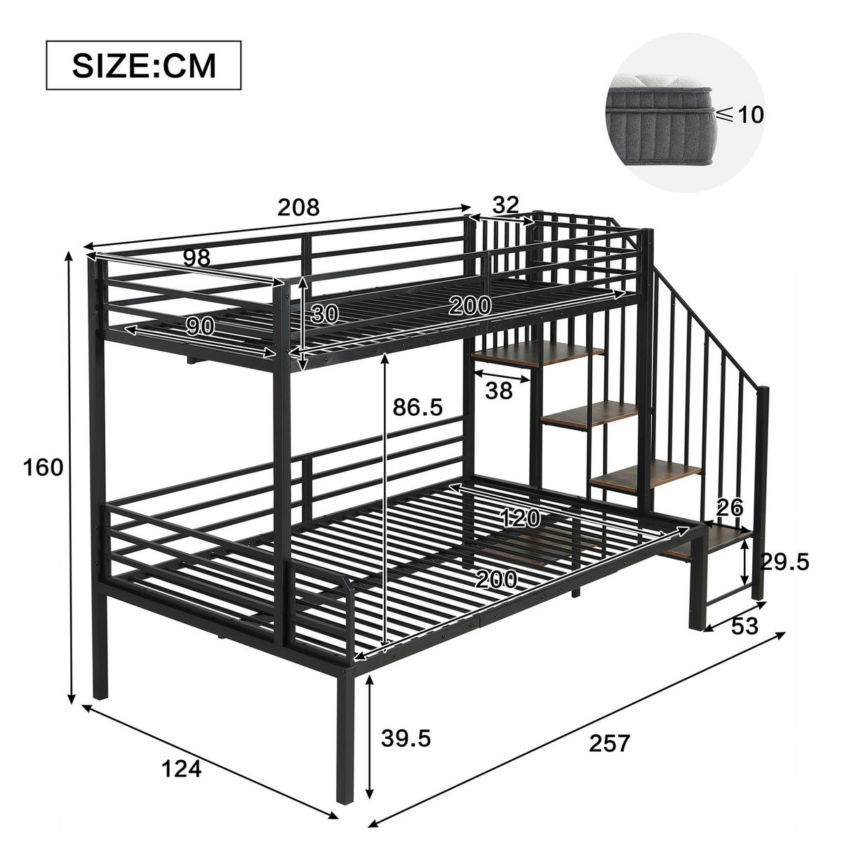 POSCHODOVÁ posteľ 90/200 a 120/200 cm čierna s úložným rebríkom z MDF a kovu - čierna, kompozitné drevo (90/200cm) - OKWISH