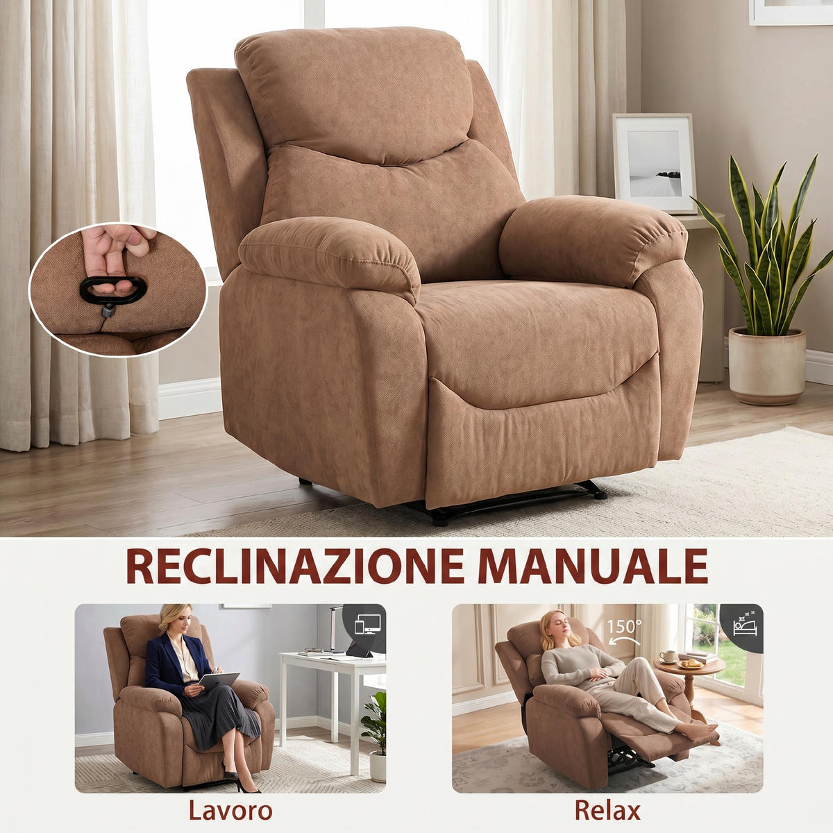 RELAXSESSEL,MANUELL Stoff gepolsterte Fußstütze Armlehnen,dunkelbraun - Braun, Textil (85/105/93cm) - Vallsero