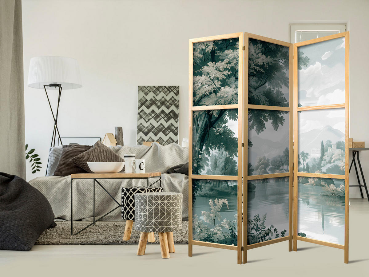 PARAVENT Japanischer 3-tlg 135x172 cm Gr ne Landschaft - Grün, Holz/Textil (135/172/3cm) - Muralo