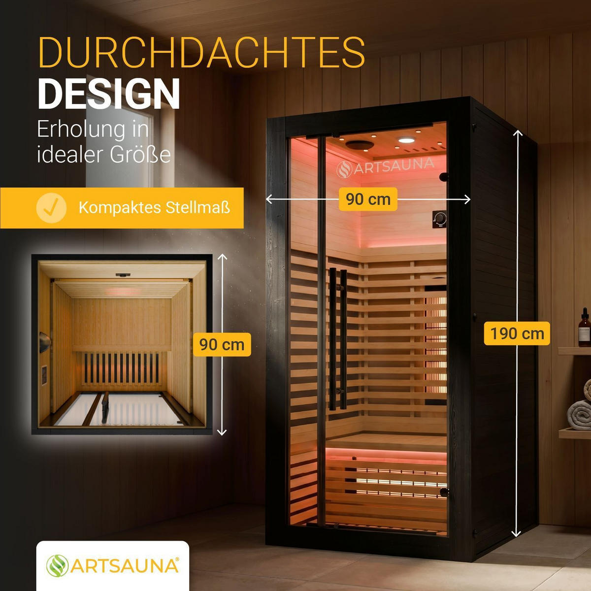 INFRAROTKABINE Trondheim90 natur mit Dual-Technologie & Hemlockholz - Schwarz, Holz (90/190/90cm) - Artsauna